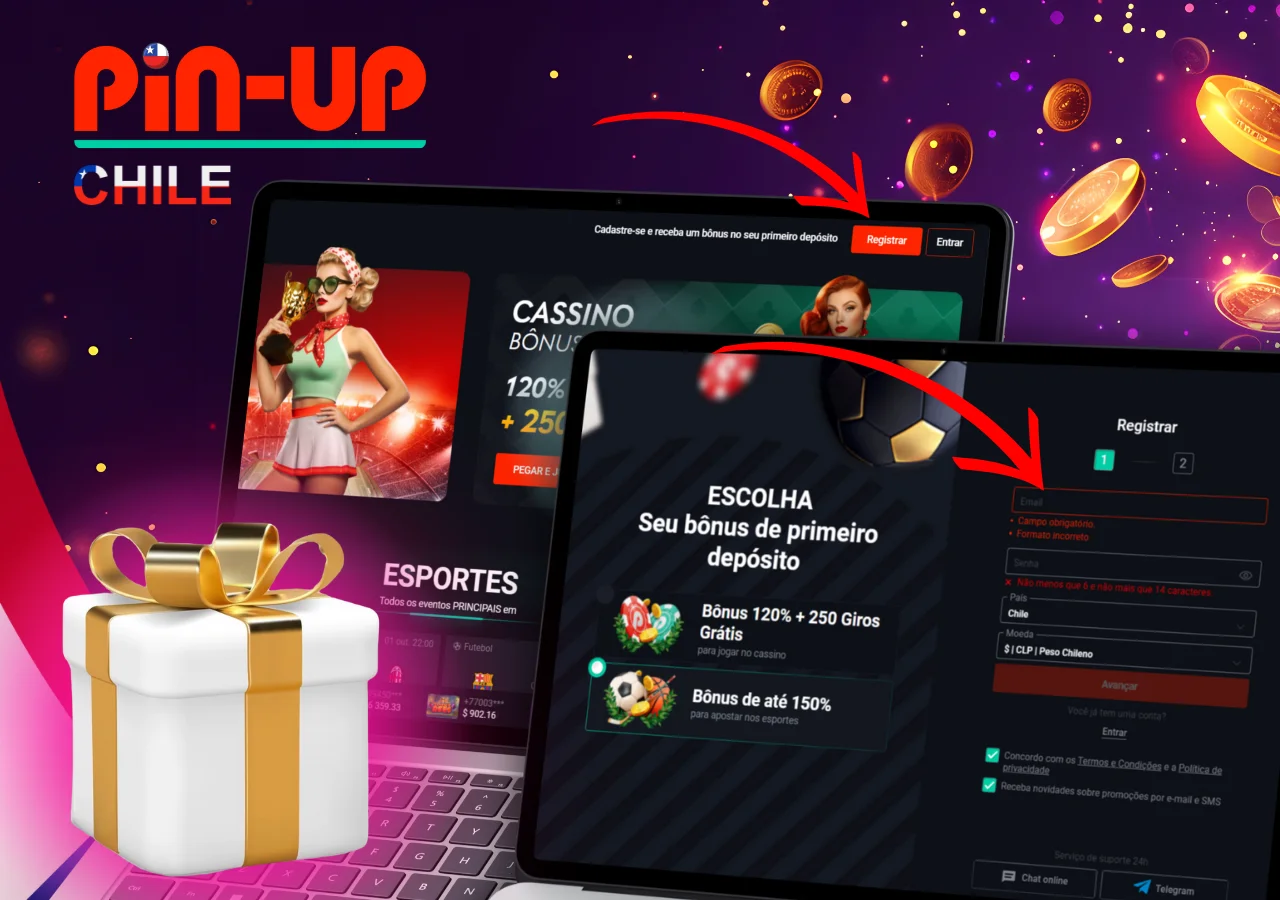 Para registrarse en Pin-Up y obtener un bono, selecciona entre un bono de hasta 150% para deportes o 120% más 250 giros gratis para el casino.