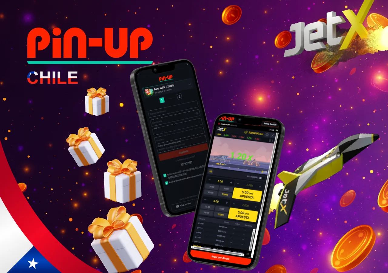Aplicación móvil Pin-Up Chile con JetX y bonos de bienvenida junto a un cohete despegando en fondo púrpura