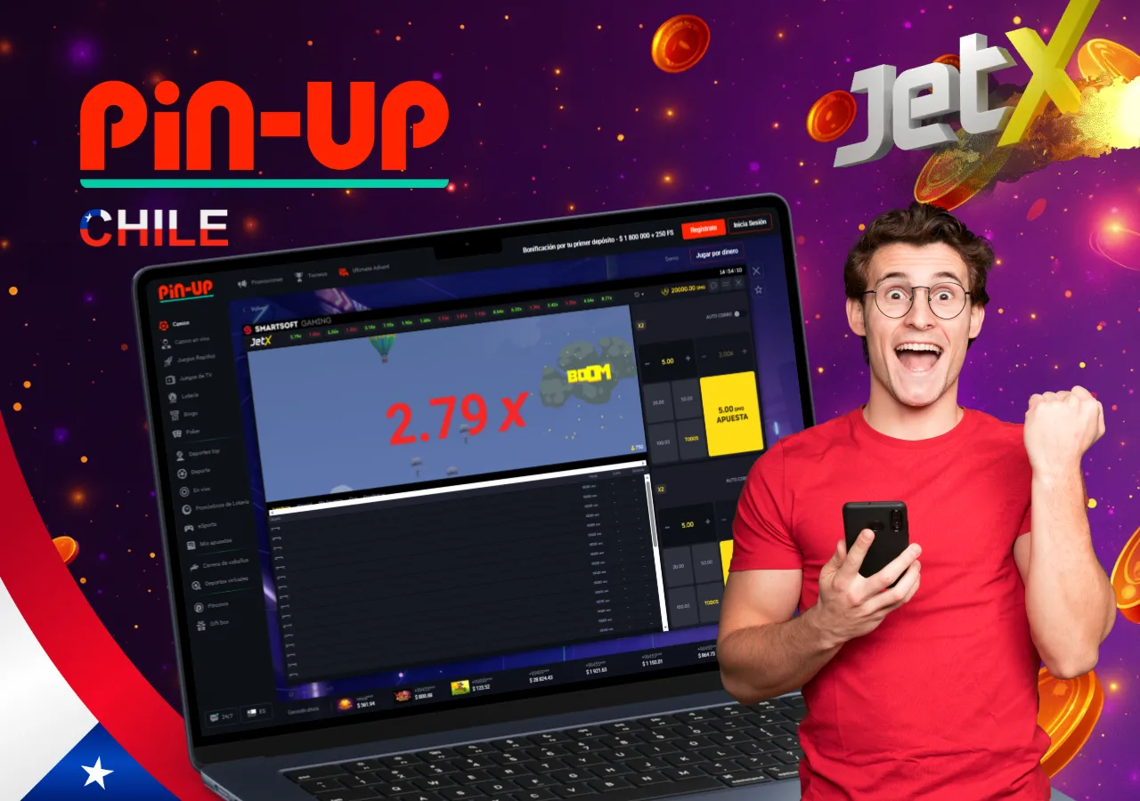 Jugador celebrando frente a pantalla con JetX en Pin-Up Chile mostrando multiplicador 2.79x y botón de apuesta